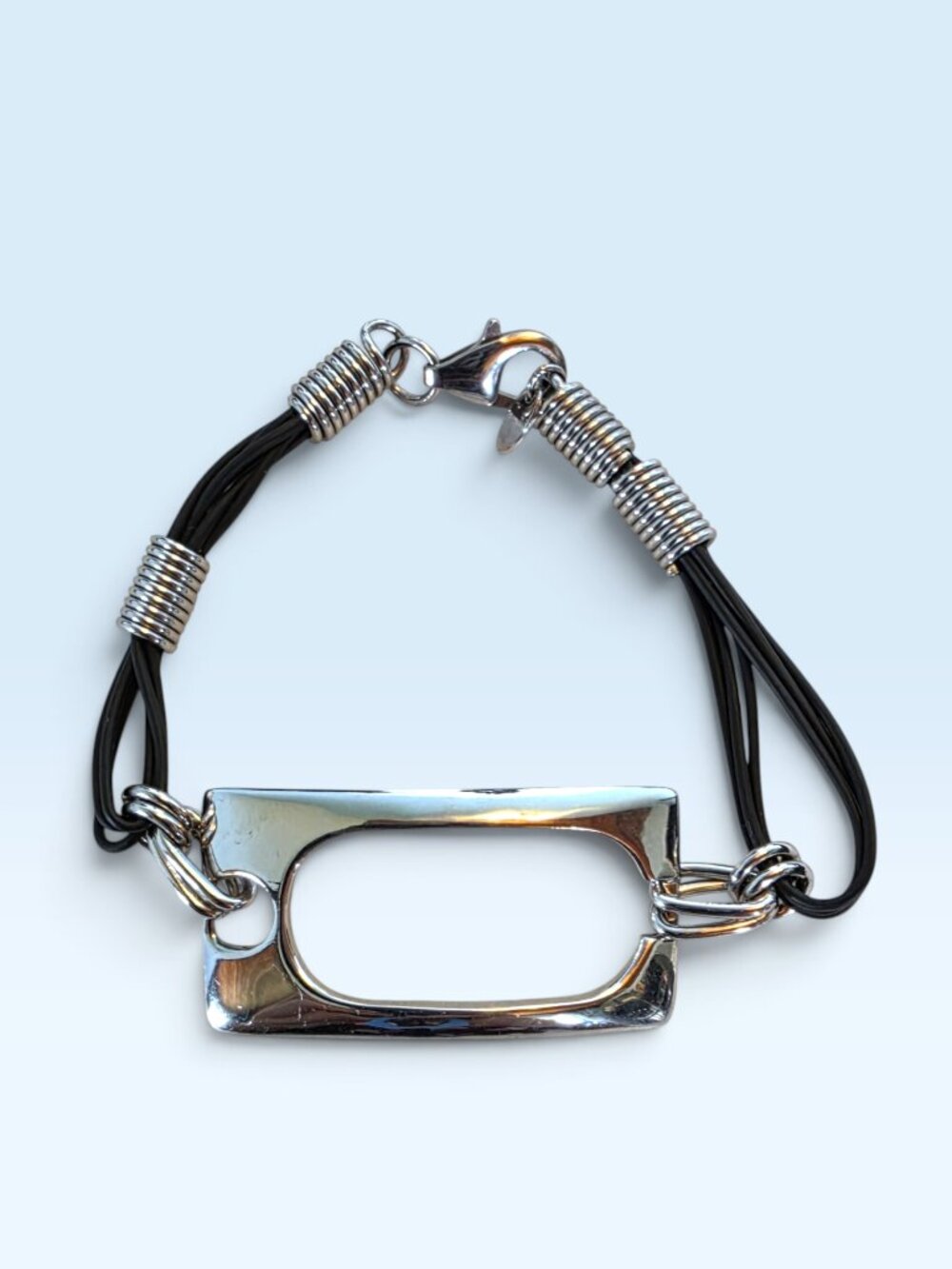 Vintage 925 Sterling Silver Black Cord Panel Bracelet – Modernist Design